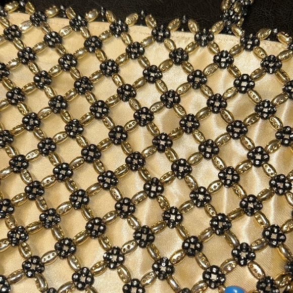 BIJOUX TURNER GOLD & BLACK BEADED MINI FAUX SATIN MINI BAG PURSE - Picture 3 of 8